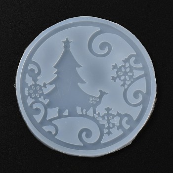 Christmas Coaster Food Grade Silicone Molds, Resin Casting Molds, For UV Resin, Epoxy Resin Craft Making, Round with Christmas Tree, White, 95x5mm
