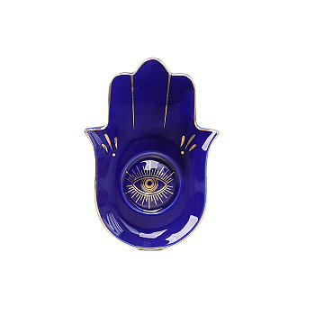 Porcelain Jewelry Plates, Hamsa Hand Shape Evil Eye Pattern Tray, Dark Blue, 170x115mm