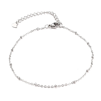 304 Stainless Steel Cable Chain, Satellite Chain Anklets, with Rondelle Beads and Lobster Claw Clasps, Stainless Steel Color, 8-1/8 inch(20.5cm)
