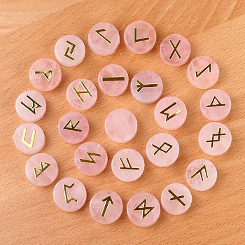 Tumbled Natural Rose Quartz with Carved Rune Words, Divination Stone, Flat Round, 16~19x6~7mm