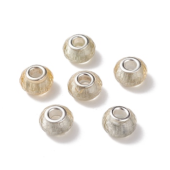 Transparent Resin European Beads, Large Hole Beads, with Silver Color Plated Brass Cores, Faceted, Rondelle, Goldenrod, 14~14.5x8.5~9.5mm, Hole: 5mm