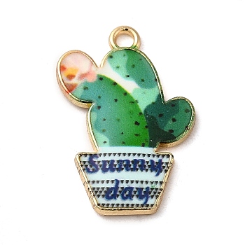 Alloy Enamel Pendants, Cactus with Word Sunny Day Charm, Golden, Dark Green, 23.5x16x2mm, Hole: 1.8mm