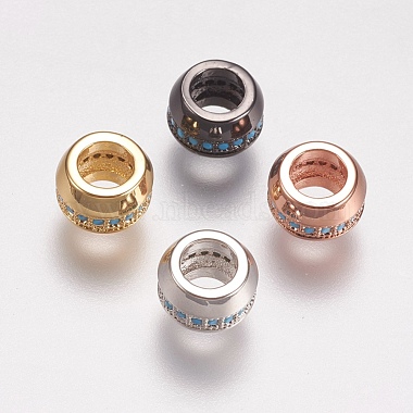 8mm DeepSkyBlue Flat Round Brass+Cubic Zirconia European Beads