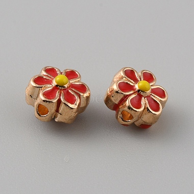 Light Gold Red Flower Alloy+Enamel Beads