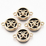 Glass Links connectors, with Light Gold Plated Alloy Findings, Flat Round with Butterfly, Black, 13.5x19.5x5.5mm, Hole: 1.6mm(GLAA-T015-13A)
