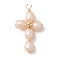 Natural Freshwater Pearl Copper Wire Wrapped Pendants, Cross Charms with Brass Round Beads, Golden, Wheat, 36~42.5x20~24.5x7~7.5mm, Hole: 3~3.5mm(PALLOY-JF02154-03)