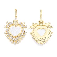 Brass Micro Pave Clear Cubic Zirconia Big Pendants, with Shell, Nickel Free, Real 18K Gold Plated, Tortoise with Heart & Saint, Creamy White, 52x40x6mm, Hole: 4x8mm(KK-N227-130)