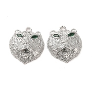 Brass Micro Pave Green Cubic Zirconia Pendants, Leopard Head, Real Platinum Plated, 17x14.5x5.5mm, Hole: 1.5mm(KK-G481-08P)