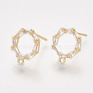 Brass Cubic Zirconia Stud Earring Findings, with Loop, Clear, Nickel Free, Real 18K Gold Plated, 12x10.5mm, Hole: 1mm, Pin: 0.8mm(X-KK-S350-343)