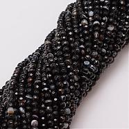 Natural Striped Agate/Banded Agate Bead Strands, Dyed, Faceted, Round, Black, 4mm, Hole: 0.8mm, about 90~92pcs/strand, 14 inch(G-G882-4mm-D06)
