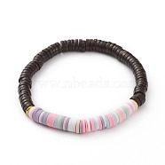 Polymer Clay Heishi Beads Stretch Bracelets, with Natural Coconut Beads and Golden Plated Brass Beads, Disc/Flat Round, Colorful, Inner Diameter: 2-1/4 inch(5.6cm)(BJEW-JB05811-01)
