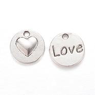 Tibetan Style Alloy Charms, Flat Round with Heart and Word Love, For Valentine's Day, Cadmium Free & Lead Free, Antique Silver, 14x2mm, Hole: 2mm, about 680pcs/1000g(TIBEP-Q002-30AS-RS)