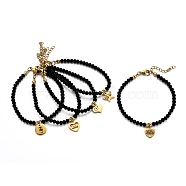 304 Stainless Steel Charm Bracelets, with Rondelle Glass Beads, Faceted, Mixed Shapes, Black, Golden, 6-7/8 inch(17.6cm)(BJEW-I292-29M-G)