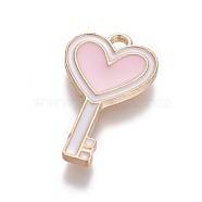 Zinc Alloy Enamel Pendants, Key, Light Gold, Pink, 23x13x1.5mm, Hole: 1.6mm(ENAM-L018-004LG)