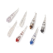 7Pcs 7 Styles Natural Mixed Stone Pointed Big Pendants, Faceted Bullet Charm, with Silver Color Plated Iron Findings, 51x10mm, Hole: 2.4mm, 1pc/style(PALLOY-JF01923)
