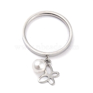 Dual-use Items, 304 Stainless Steel Finger Rings or Pendants, with Plastic Round Beads, Butterfly, White, Stainless Steel Color, US Size 5~9(15.7~18.9mm)(RJEW-O045-12-P)