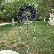 Metal Wire Wrapped Natural Lapis Lazuli Chips Flat Round with Tree of Life Pendant Decorations. Hanging Suncatchers, with Glass Teardrop Charm, 300x80mm(TREE-PW0003-11G)