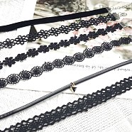 6Pcs 6 Styles Gothic Polyester Lace Choker Necklaces for Women, with Alloy End Chain, Platinum and Golden, Black, 12.20 inch(31cm)(FS-WG8751E-01)