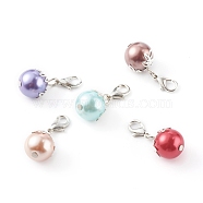 Baking Painted Pearlized Glass Pearl Round Beads, with Silver Brass Flower Bead Caps and Platinum Zinc Alloy Lobster Claw Clasps, Mixed Color, 28mm, Hole: 3.5x4mm(HJEW-JM00460)