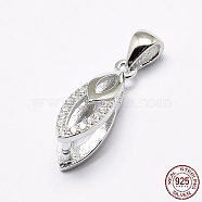 Rhodium Plated 925 Sterling Silver Micro Pave Cubic Zirconia Pendant Bails, Ice Pick & Pinch Bails, Leaf, Platinum, 15x5x7mm, Hole: 2x3mm, Pin: 1mm(STER-E053-35P)