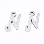 201 Stainless Steel Charms, Laser Cut, Alphabet, Stainless Steel Color, Letter.N, 12.5x6.5x1mm, Hole: 1.4mm(STAS-T044-217P-N)