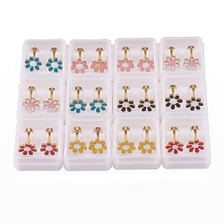 304 Stainless Steel Earlobe Plugs, Screw Back Earrings, with Enamel, Flower, Golden, Mixed Color, 10.5mm, Pin: 1mm(EJEW-H105-02)