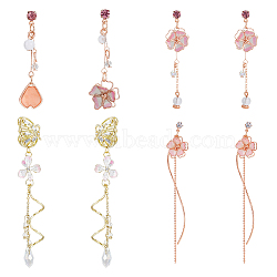 FIBLOOM 4 Pair 4 Style Resin Petal & Sakura Flower Dangle Stud Earrings, Golden Alloy Tassel Earrings with Imitation Pearl, Pink, 40~92x9.5~14mm, 1 Pair/style(EJEW-FI0003-15)