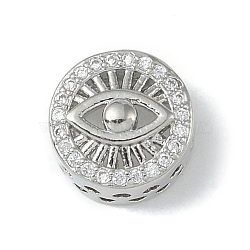 Rack Plating Brass Micro Pave Clear Cubic Zirconia Beads, Long-Lasting Plated, Lead Free & Cadmium Free, Flat Round with Eye, Platinum, 10x6.5mm, Hole: 2.5mm(KK-A220-07P)