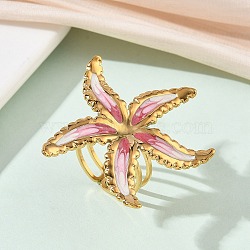 304 Stainless Steel Enamel Open Cuff Rings for Women, Starfish, Golden, Pink, 36x36mm, US Size 6(16.5mm)(RJEW-K320-03G-03)