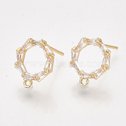 Brass Cubic Zirconia Stud Earring Findings, with Loop, Clear, Nickel Free, Real 18K Gold Plated, 12x10.5mm, Hole: 1mm, Pin: 0.8mm(X-KK-S350-343)