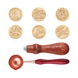 PandaHall Jewelry DIY Scrapbook Kits, Including Brass Wax Sealing Stamp Head, Beech Wood Handle and Alloy Wax Sticks Melting Spoon, Wedding Themed Pattern, 25~25.4x14~14.5mm, 6patterns, 1pc/pattern, 6pcs/set(DIY-PJ0001-07C)