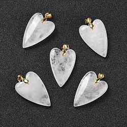 Natural Quartz Crystal Pendants, Rock Crystal Pendants, with Rack Plating Golden Plated Brass Findings, Long-Lasting Plated, Heart, 32~34x20x8mm, Hole: 4x4mm(X-G-E570-01G-12)