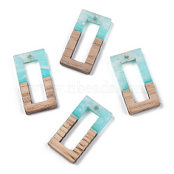 Transparent Resin & White Wood Pendants, Two Tone, Hollow Hollow Rectangle Charms, Cyan, 27~28x14.5x3~4mm, Hole: 1.5mm(RESI-TAC0017-33)