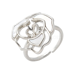 Flower Brass Shell Cuff Ring Settings, for Half Drilled Beads, Rack Plating, Long-Lasting Plated, Lead Free & Cadmium Free, Platinum, Inner Diameter: 16mm, Pin: 5x0.8mm(KK-K297-01P)