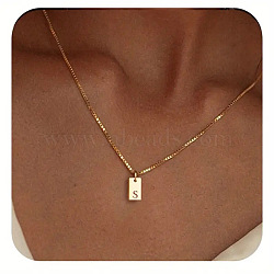 304 Stainless Steel Box Chain Necklaces, 201 Stainless Steel Rectangle Initial Pendant Necklaces for Women Ion Plating(IP),  Real 18K Gold Plated, Letter S, 15.75 inch(40cm)(FS-WG1FEB4-28)