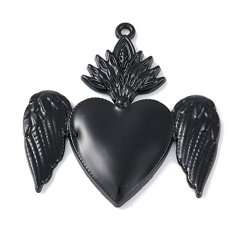 Rack Plating Alloy Enamel Pendants, Cadmium Free & Nickel Free & Lead Free, Sacred Heart with Wing Charm, Black, 38.5x37.5x3.5mm, Hole: 1.6mm