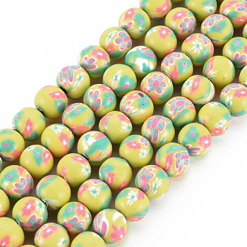 Handmade Polymer Clay Beads Strands, Round, Light Khaki, 8~9x8mm, Hole: 1.8mm, about 40pcs/strand, 12.80 inch~12.99 inch(32.5~33cm)