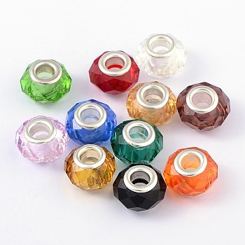 Glass European Beads, with Plating Silver Double Cores, Faceted, Rondelle, Mixed Color, 14x9.5~10mm, Hole: 5mm