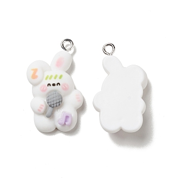 Music Theme Opaque Resin Pendants, with Platinum Tone Iron Loops, Rabbit Charm with Microphone, Gray, 28x16x8mm, Hole: 2mm