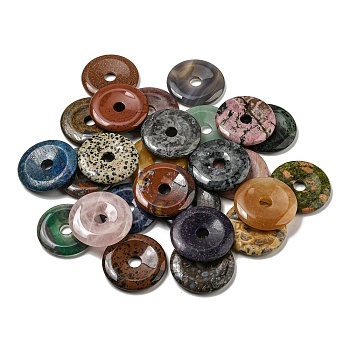 Natural & Synthetic Mixed Gemstone Pendants, Donut/Pi Disc Charms, 50x6.5~7.5mm, Hole: 10mm