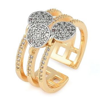 Flat Round Brass Micro Pave Clear Cubic Zirconia Wide Open Cuff Ring for Women, Real 18K Gold Plated, 14.5mm, Adjustable