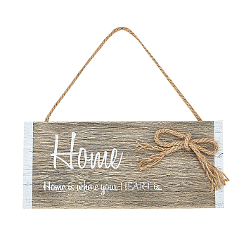 Natural Wood Hanging Wall Decorations for Front Door Home Decoration, with Jute Twine, Rectangle with Word Home Is Where Your Heart Is, Gray, 24.5cm