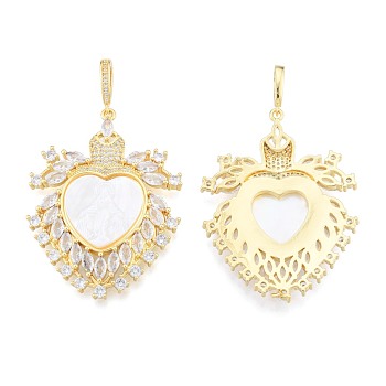 Brass Micro Pave Clear Cubic Zirconia Big Pendants, with Shell, Nickel Free, Real 18K Gold Plated, Tortoise with Heart & Saint, Creamy White, 52x40x6mm, Hole: 4x8mm