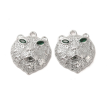 Brass Micro Pave Green Cubic Zirconia Pendants, Leopard Head, Real Platinum Plated, 17x14.5x5.5mm, Hole: 1.5mm