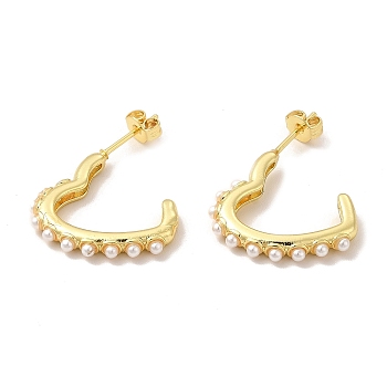 Rack Plating Brass Heart Stud Earrings with Plastic Imitation Pearl Beaded for Women, Lead Free & Cadmium Free, Real 18K Gold Plated, 17.5x20.5x3mm, Pin: 0.8mm