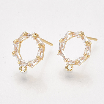 Brass Cubic Zirconia Stud Earring Findings, with Loop, Clear, Nickel Free, Real 18K Gold Plated, 12x10.5mm, Hole: 1mm, Pin: 0.8mm