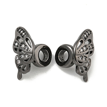 Brass Cubic Zirconia Beads, Long-Lasting Plated, Lead Free & Cadmium Free, Butterfly, Gunmetal, 15x8x9mm, Hole: 3mm