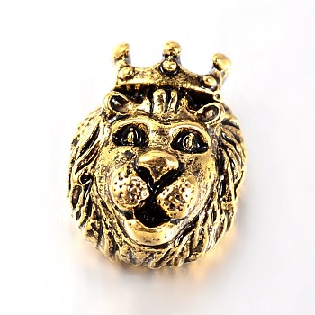 Tibetan Style Alloy Beads, Lion Head with Crown, Antique Golden, 14x11.5x8mm, Hole: 2.5mm