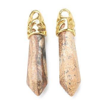 Bullet Natural Picture Jasper Pendants, with Platinum Tone Alloy Findings, 33~40x8~10mm, Hole: 3x2mm