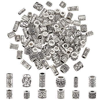 Elite 120Pcs 12 Styles Tibetan Style Alloy Beads, Column, Antique Silver, 6~13.5x6~14x4~9mm, Hole: 2~5.5mm, 10pcs/style